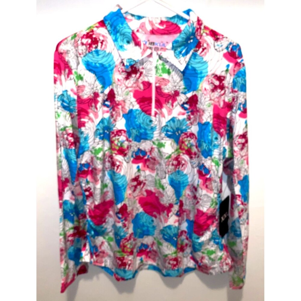 Ibkul Long Sleeve Adjustable Length Polo Shirt SPF 50 Womens XL Floral Pink NWT